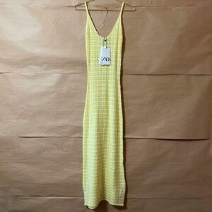 Zara | NWT Pointelle Knit Midi Dress Scoop Neck Stretch Pastel Yellow Size M